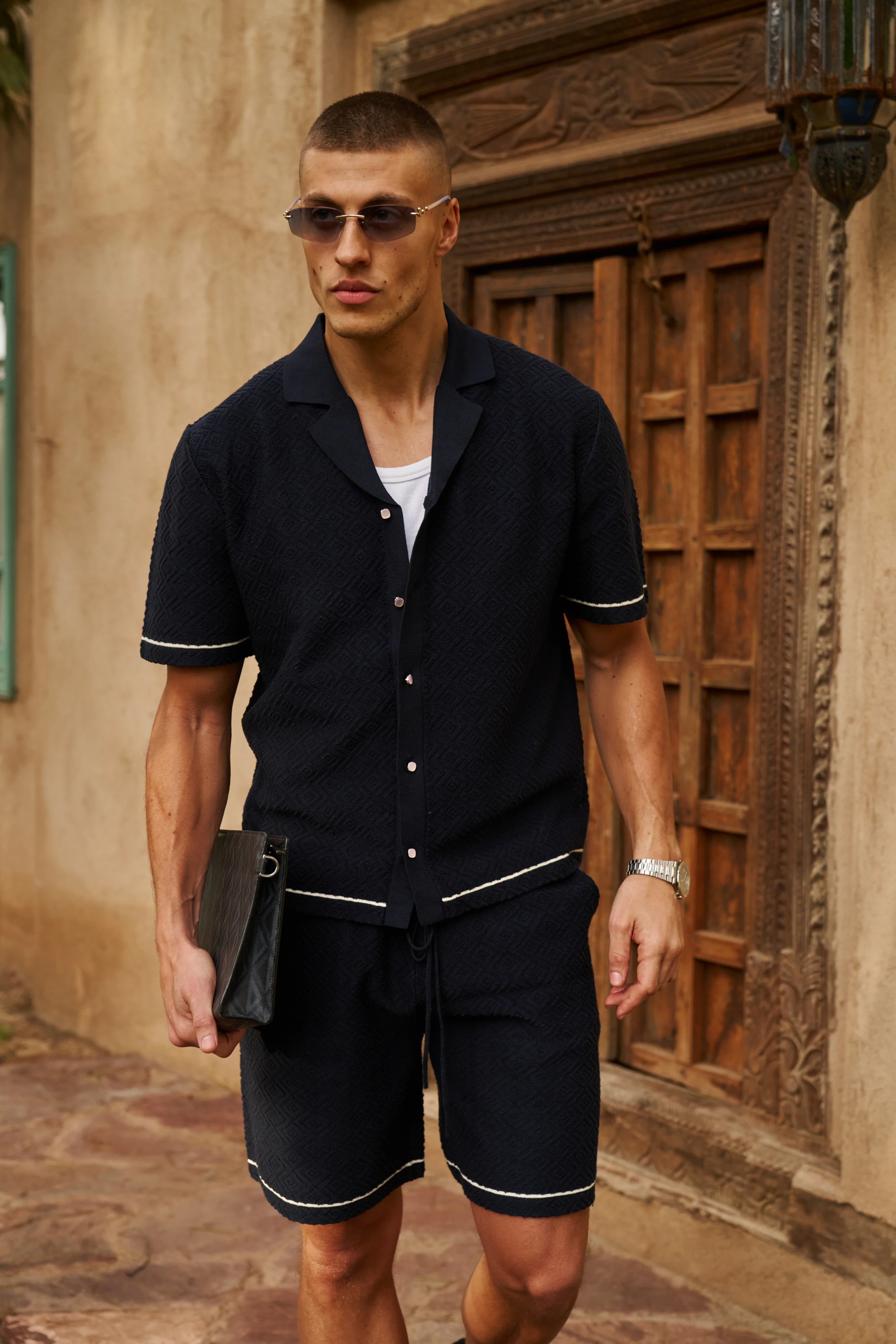 Bottega Tile Cotton Shirt (Navy/White) - Image 4