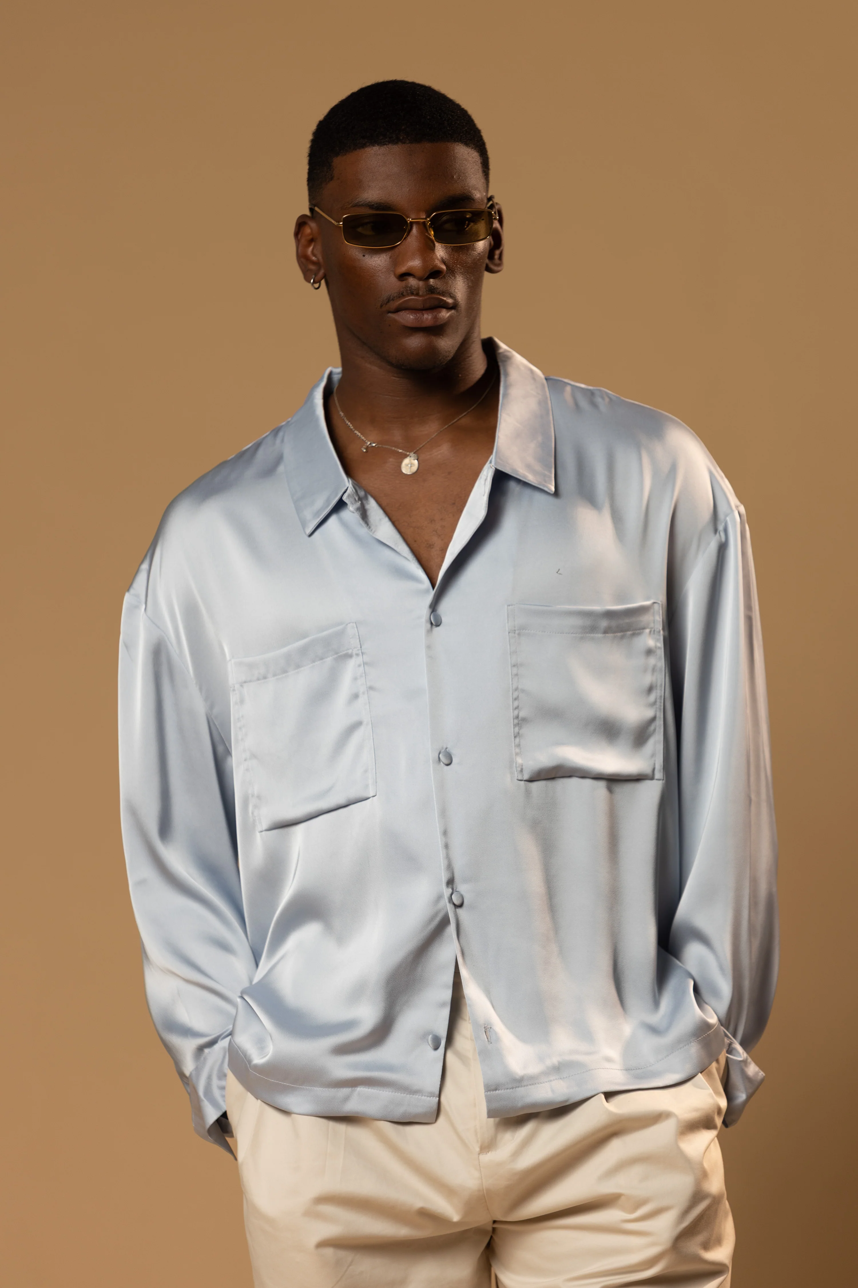Troy Long Sleeve Satin Shirt (Baby blue) - Image 16