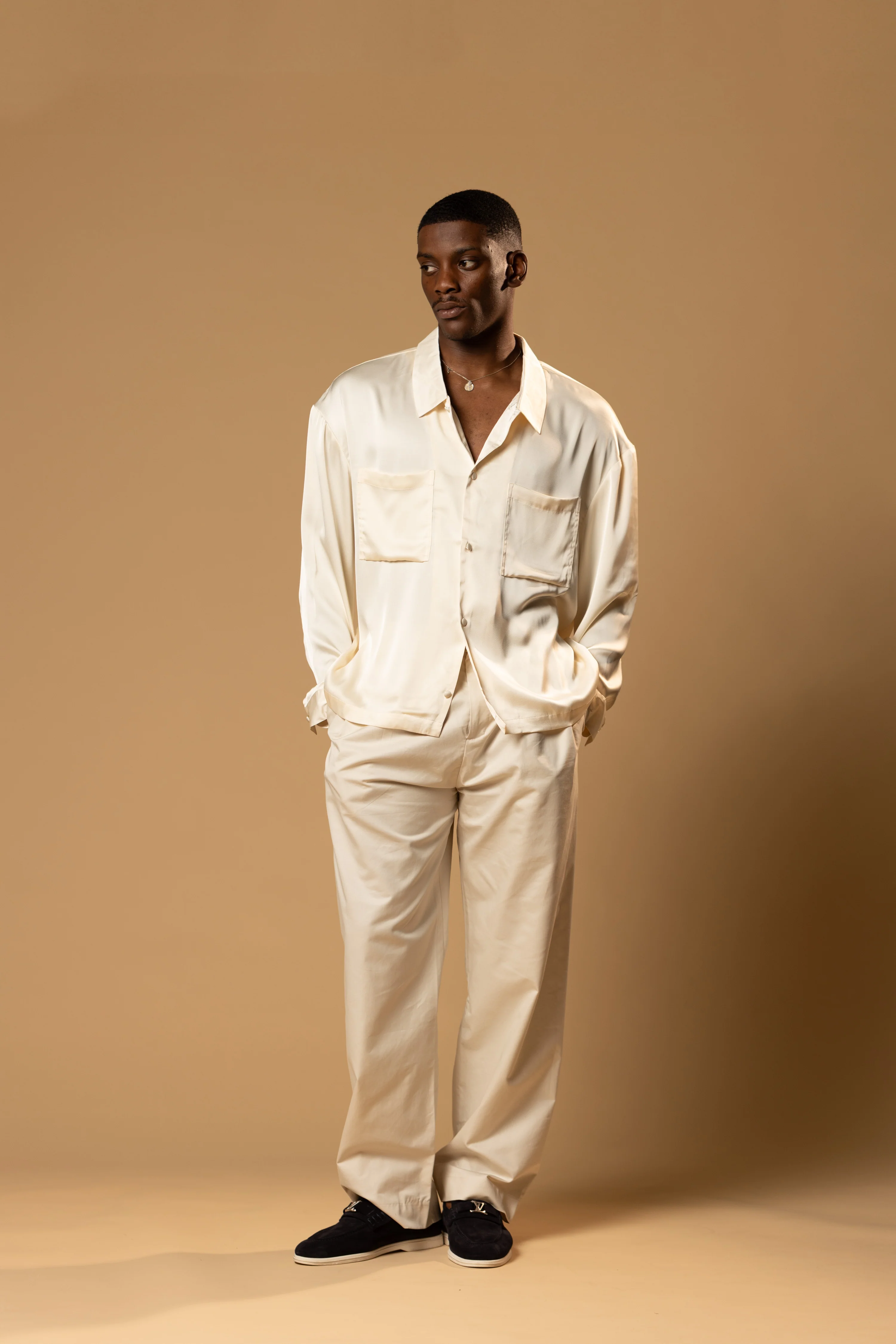 Troy Long Sleeve Satin Shirt (Cream) - Image 11