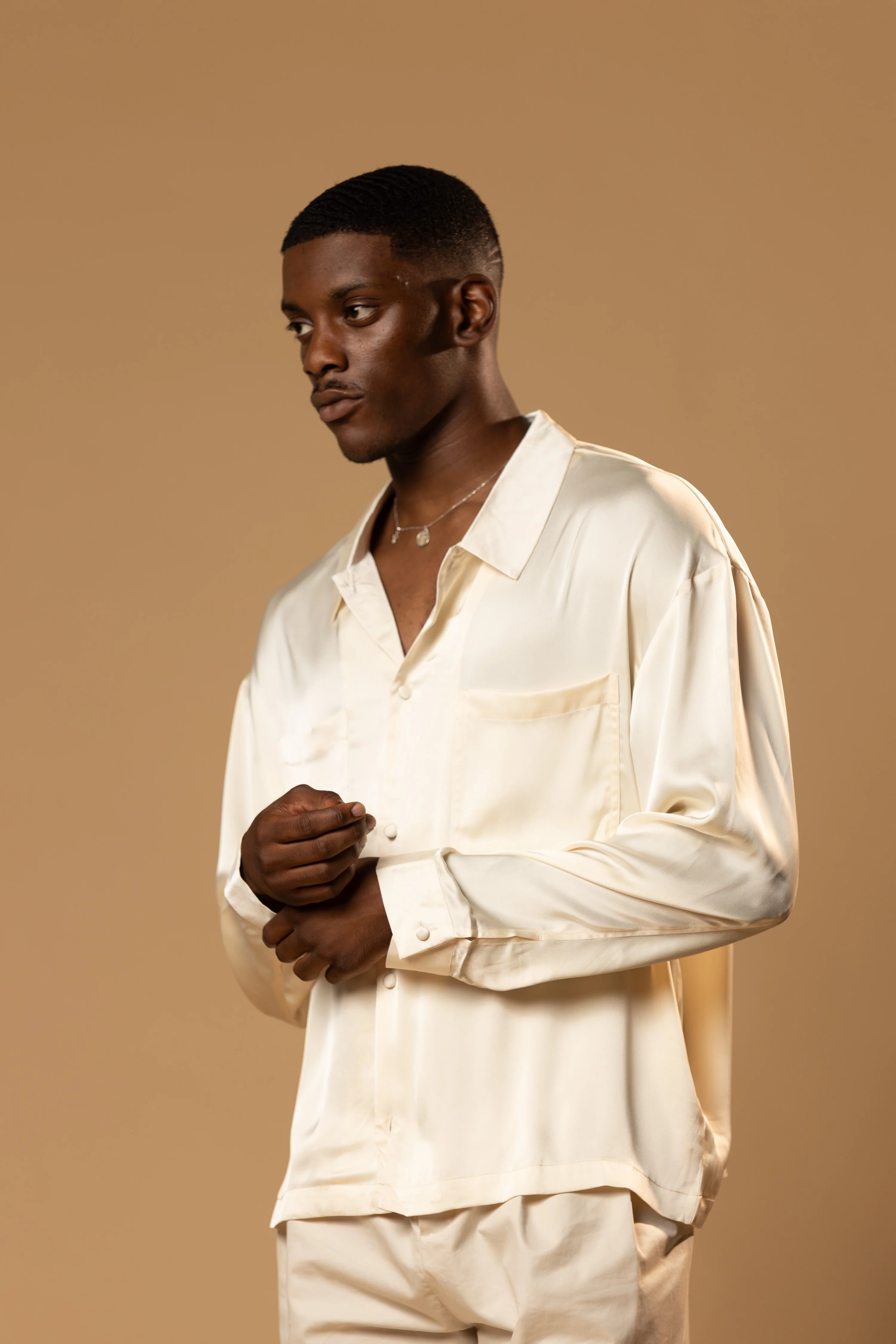 Troy Long Sleeve Satin Shirt (Cream) - Image 12