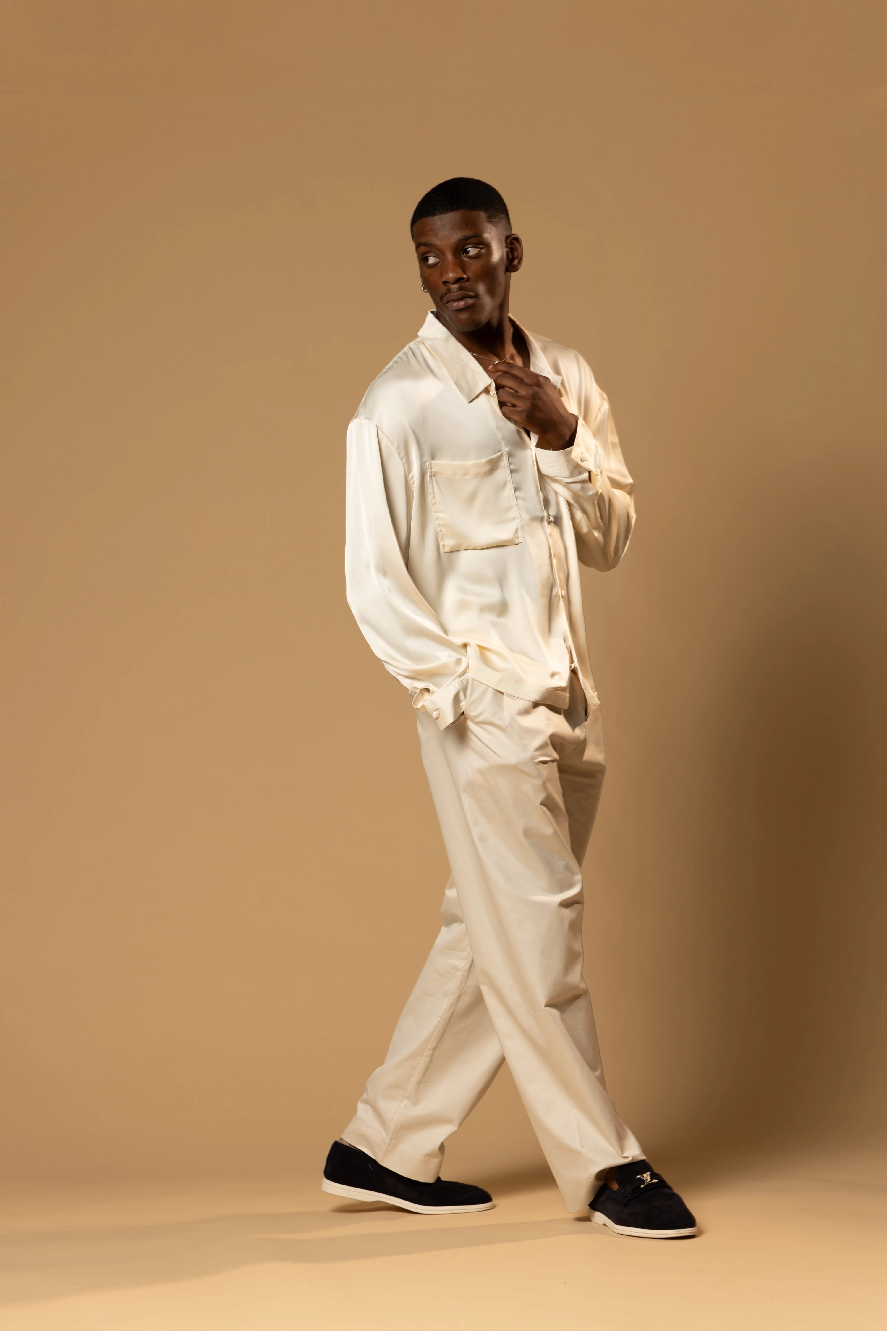 Troy Long Sleeve Satin Shirt (Cream) - Image 13