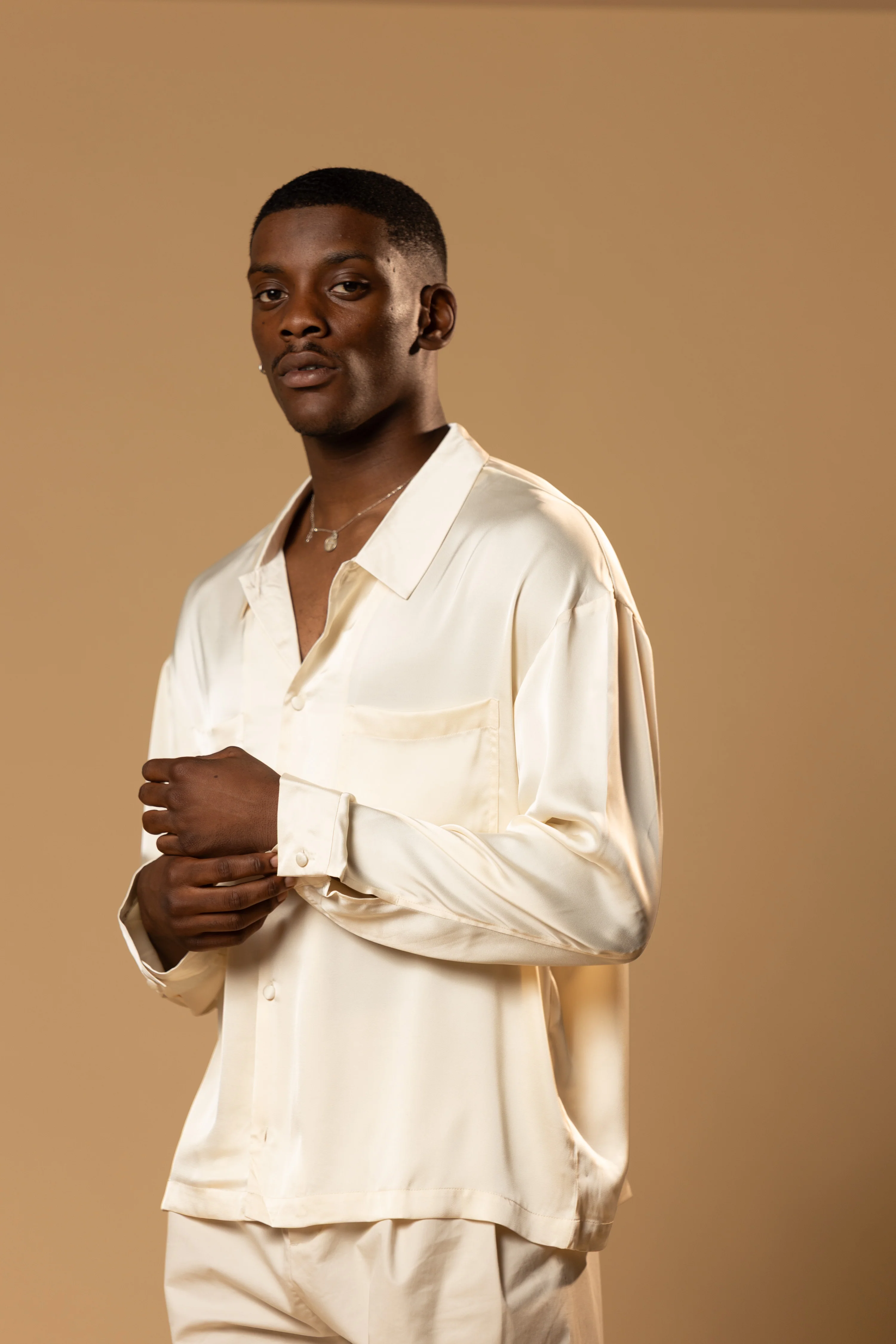 Troy Long Sleeve Satin Shirt (Cream) - Image 15