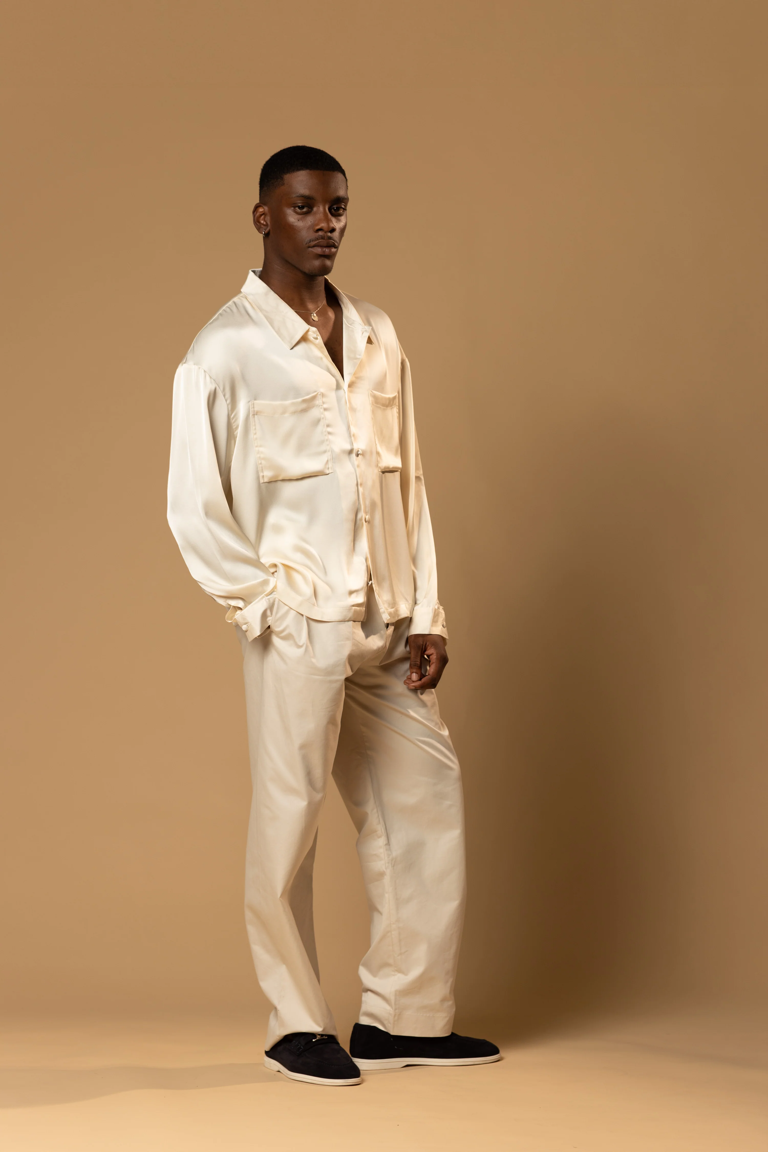 Troy Long Sleeve Satin Shirt (Cream) - Image 16