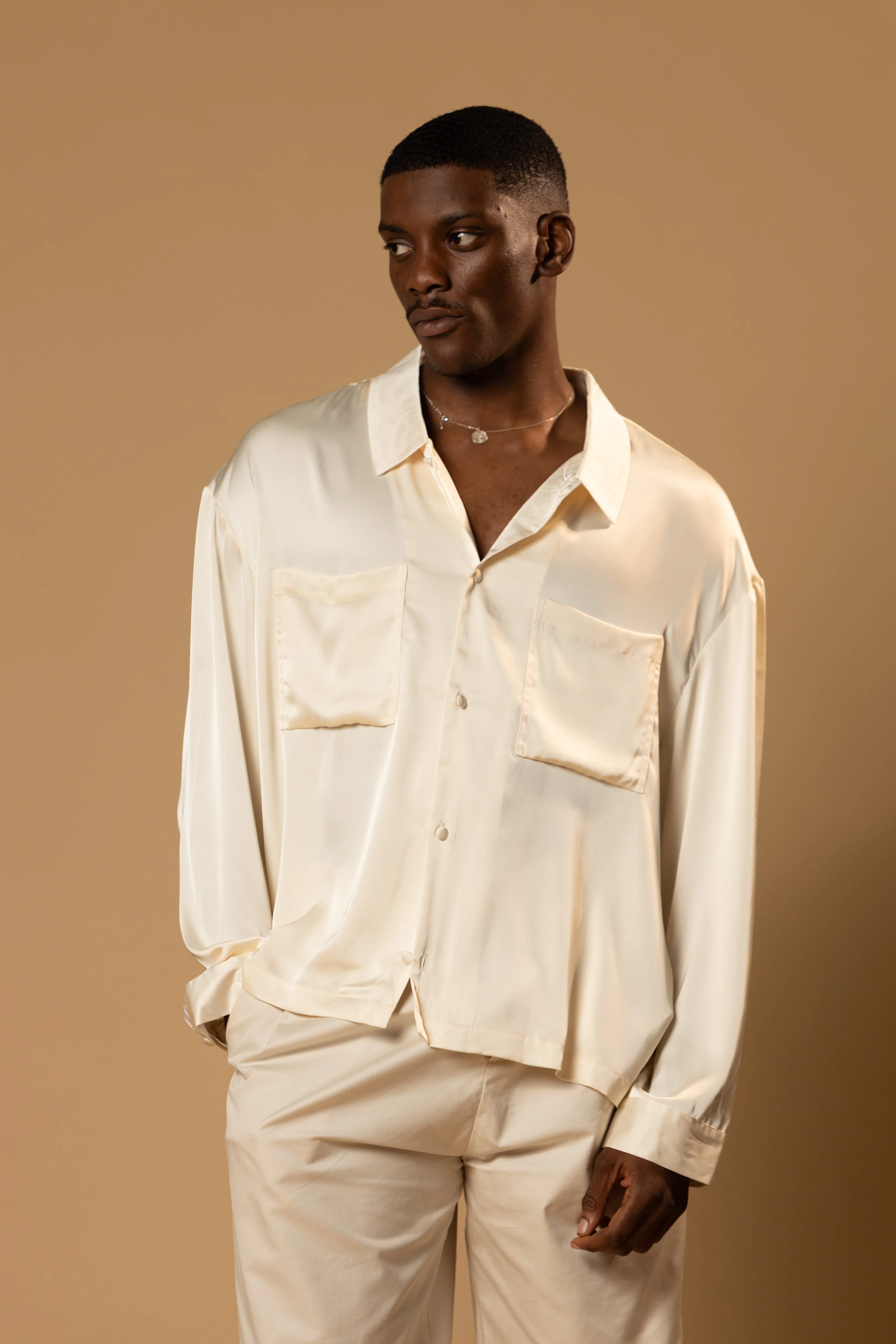 Troy Long Sleeve Satin Shirt (Cream) - Image 17