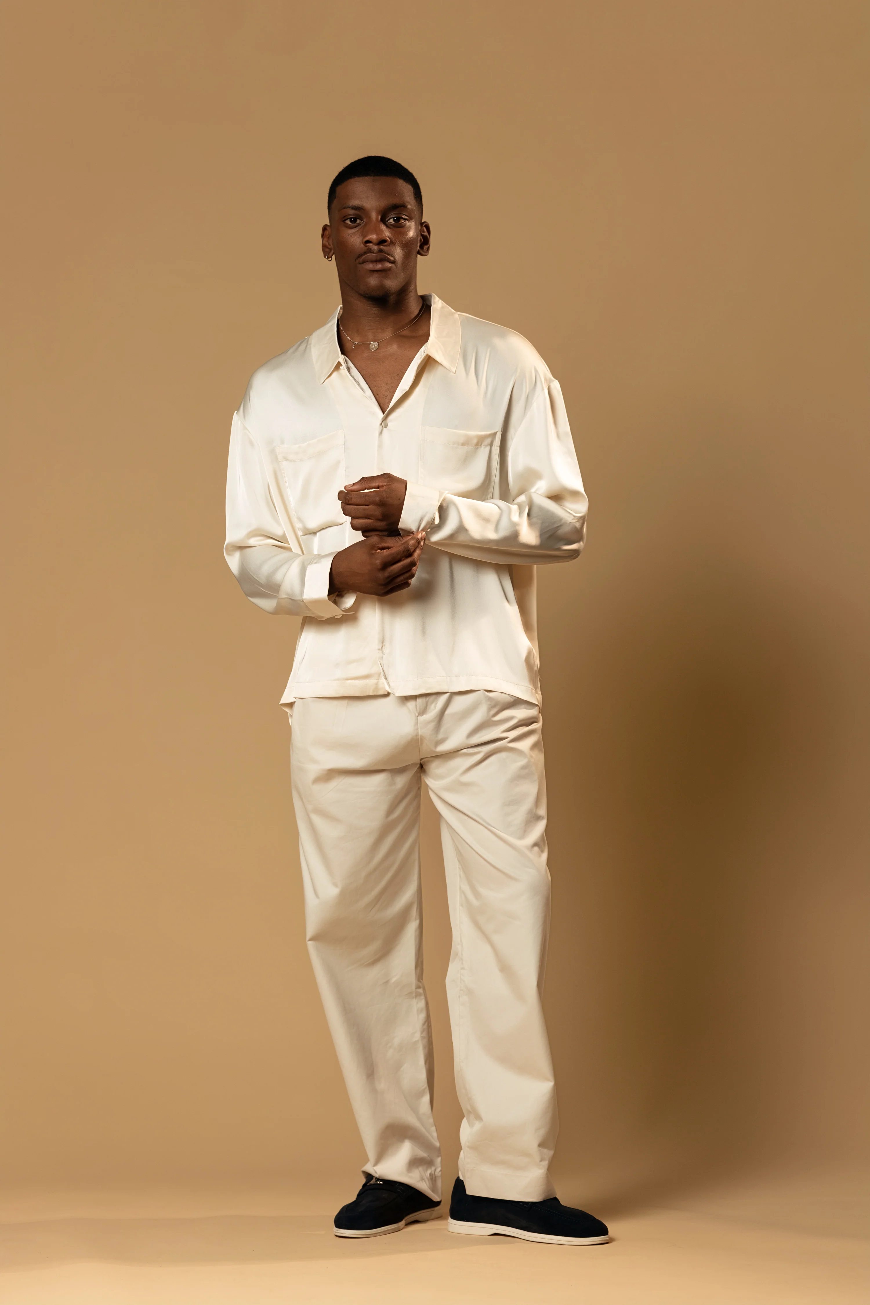 Troy Long Sleeve Satin Shirt (Cream) - Image 3