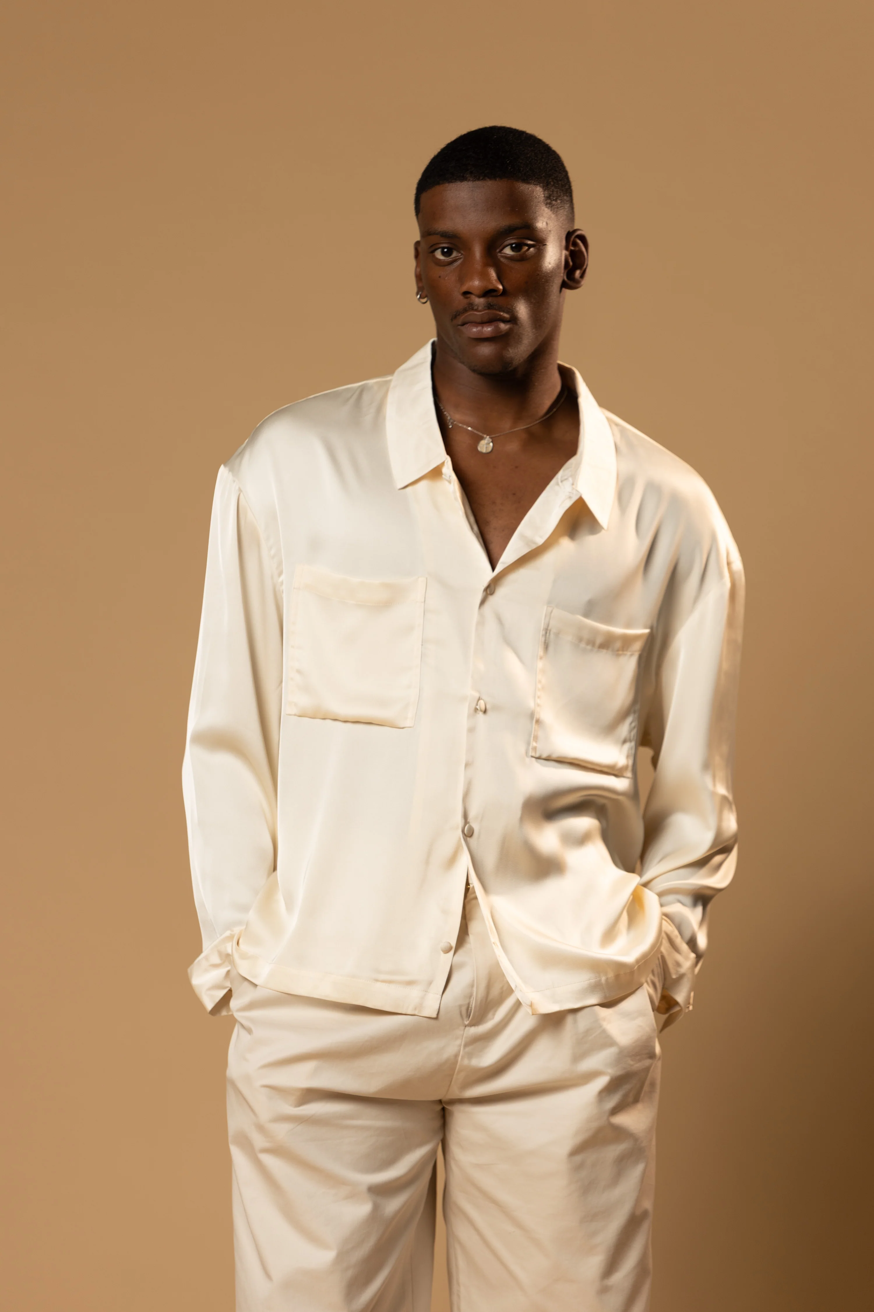 Troy Long Sleeve Satin Shirt (Cream) - Image 4