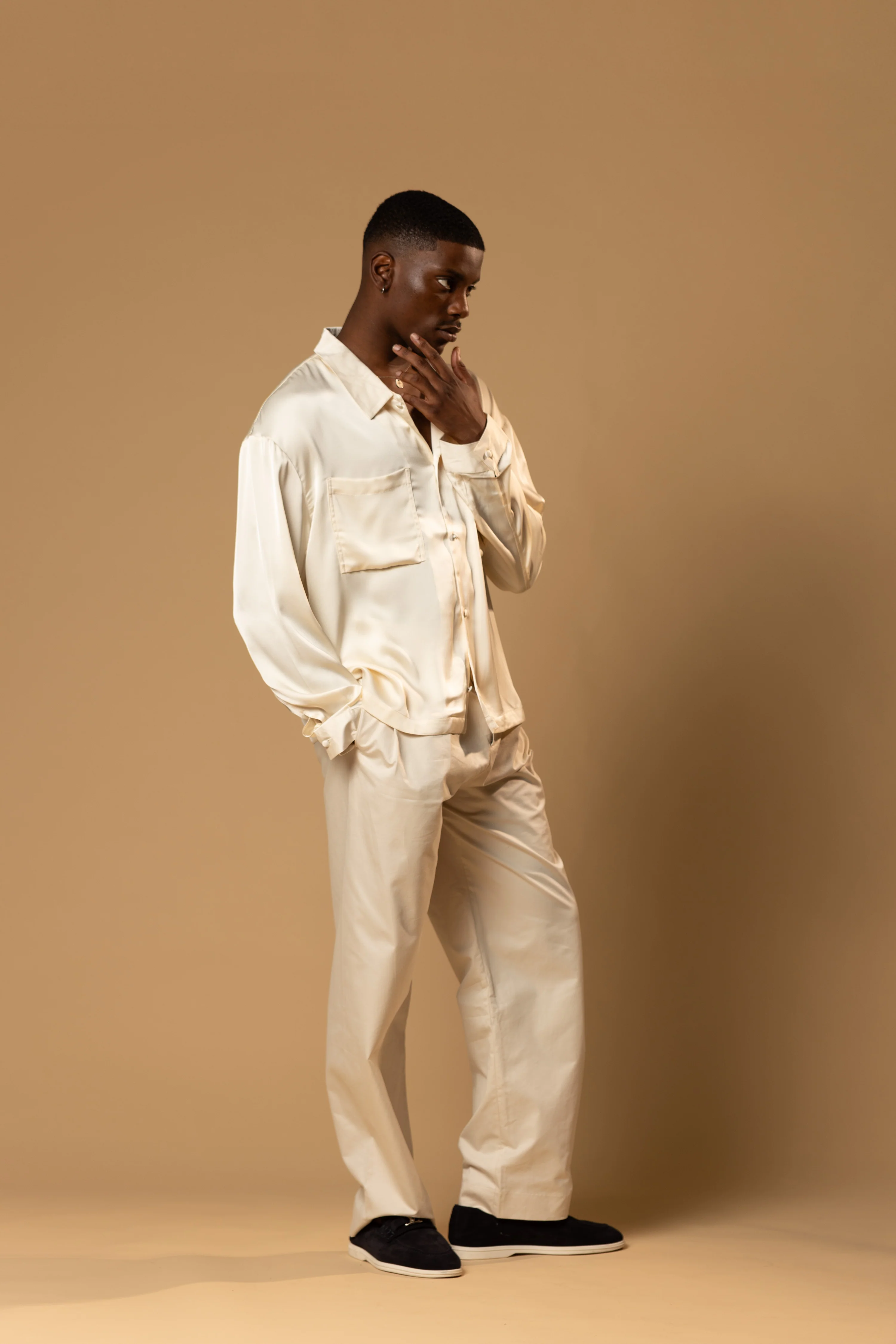 Troy Long Sleeve Satin Shirt (Cream) - Image 5