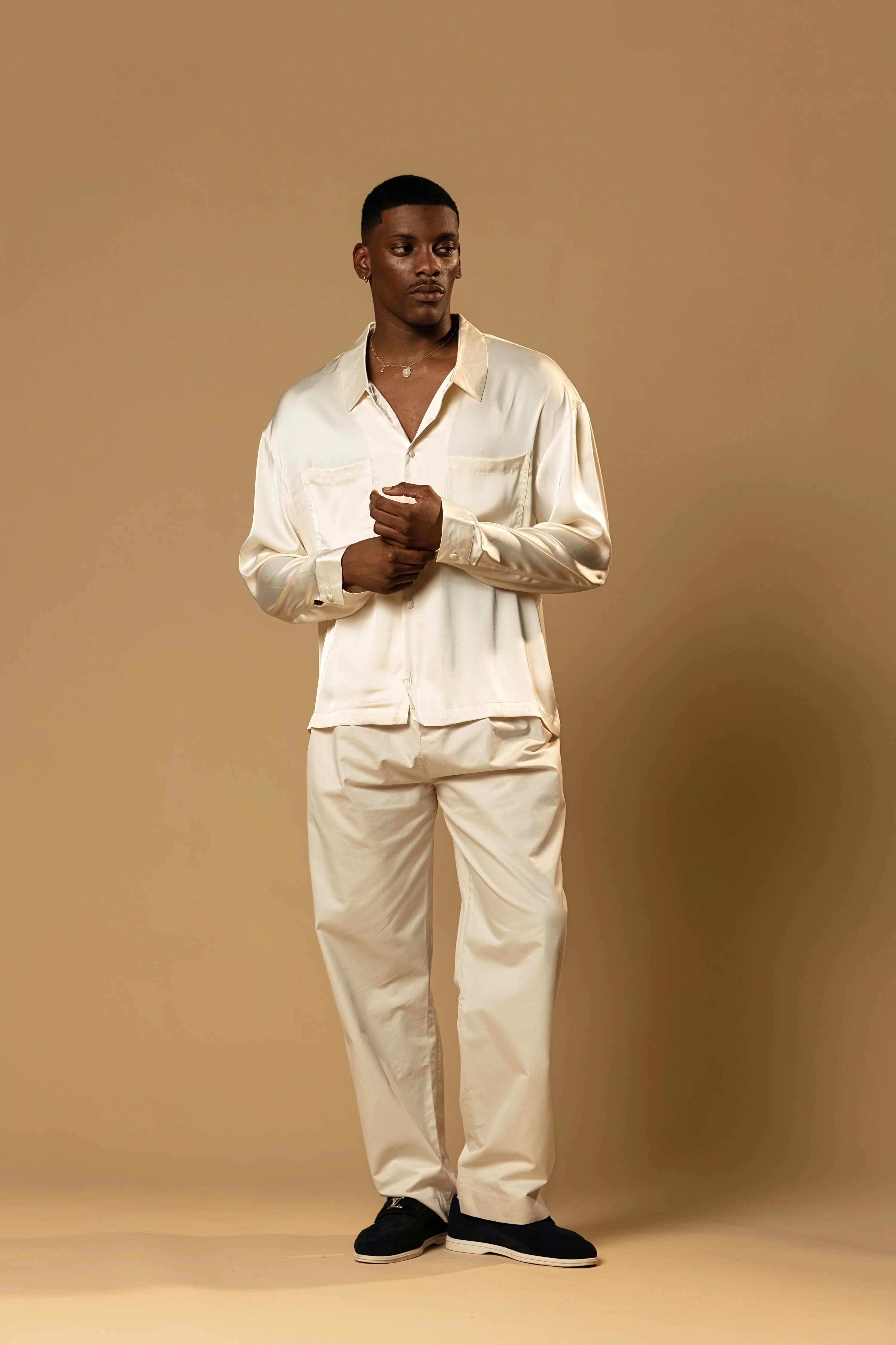 Troy Long Sleeve Satin Shirt (Cream) - Image 7
