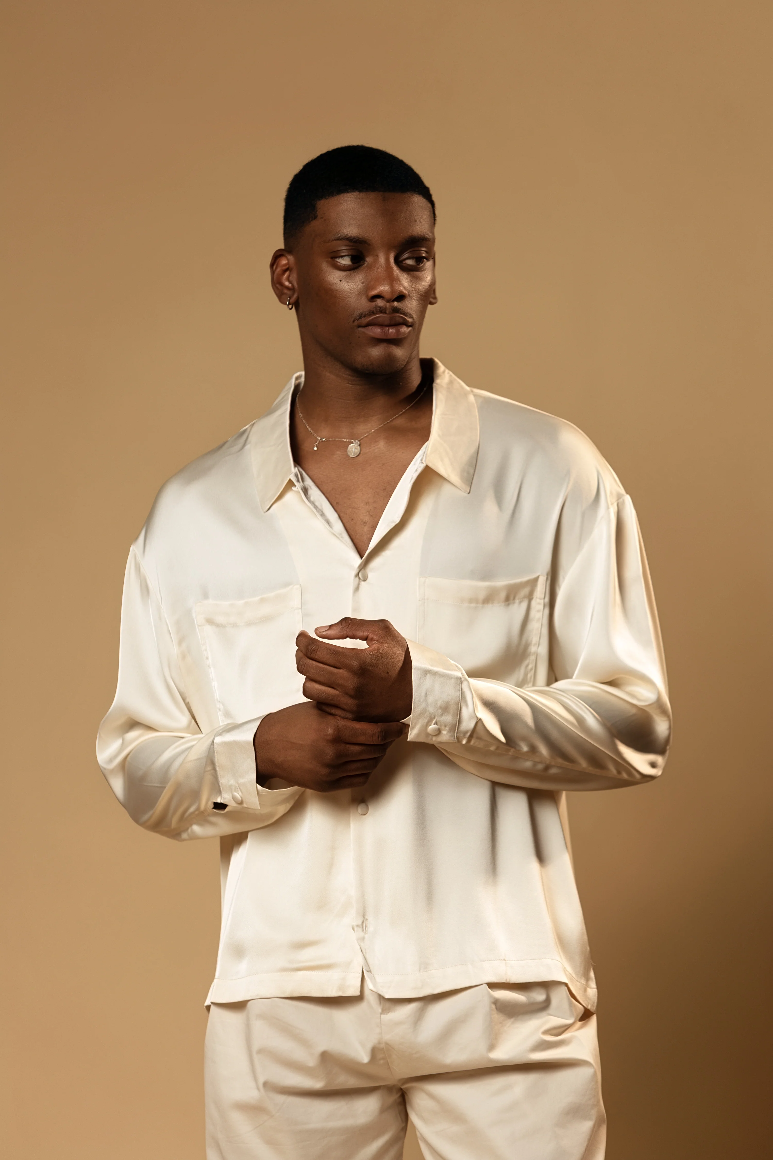 Troy Long Sleeve Satin Shirt (Cream) - Image 8