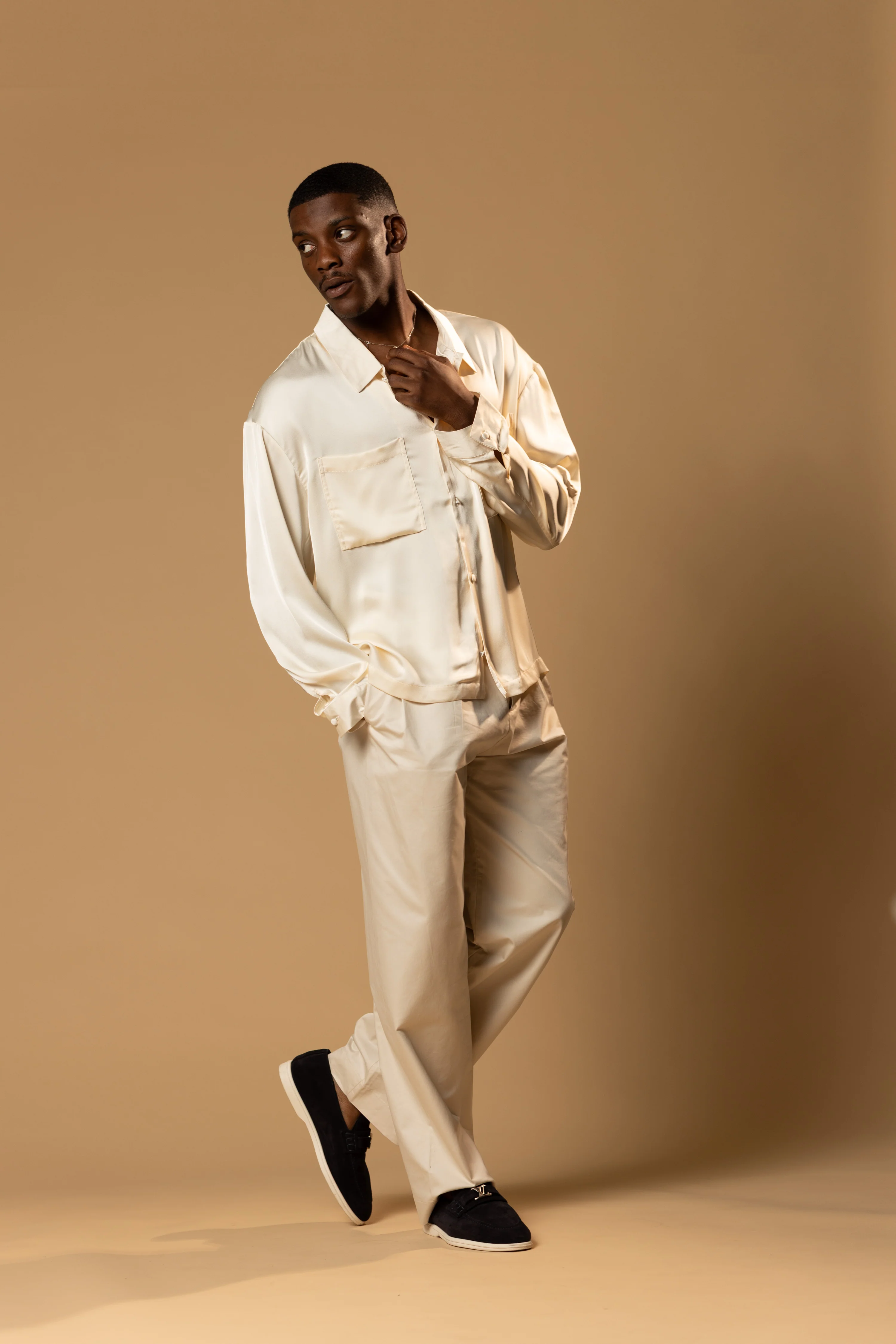Troy Long Sleeve Satin Shirt (Cream) - Image 9